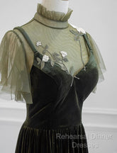 A-Line Green Velvet Long Wedding Party Dress, High Neckline Semi Formal Prom Dress Evening Dress